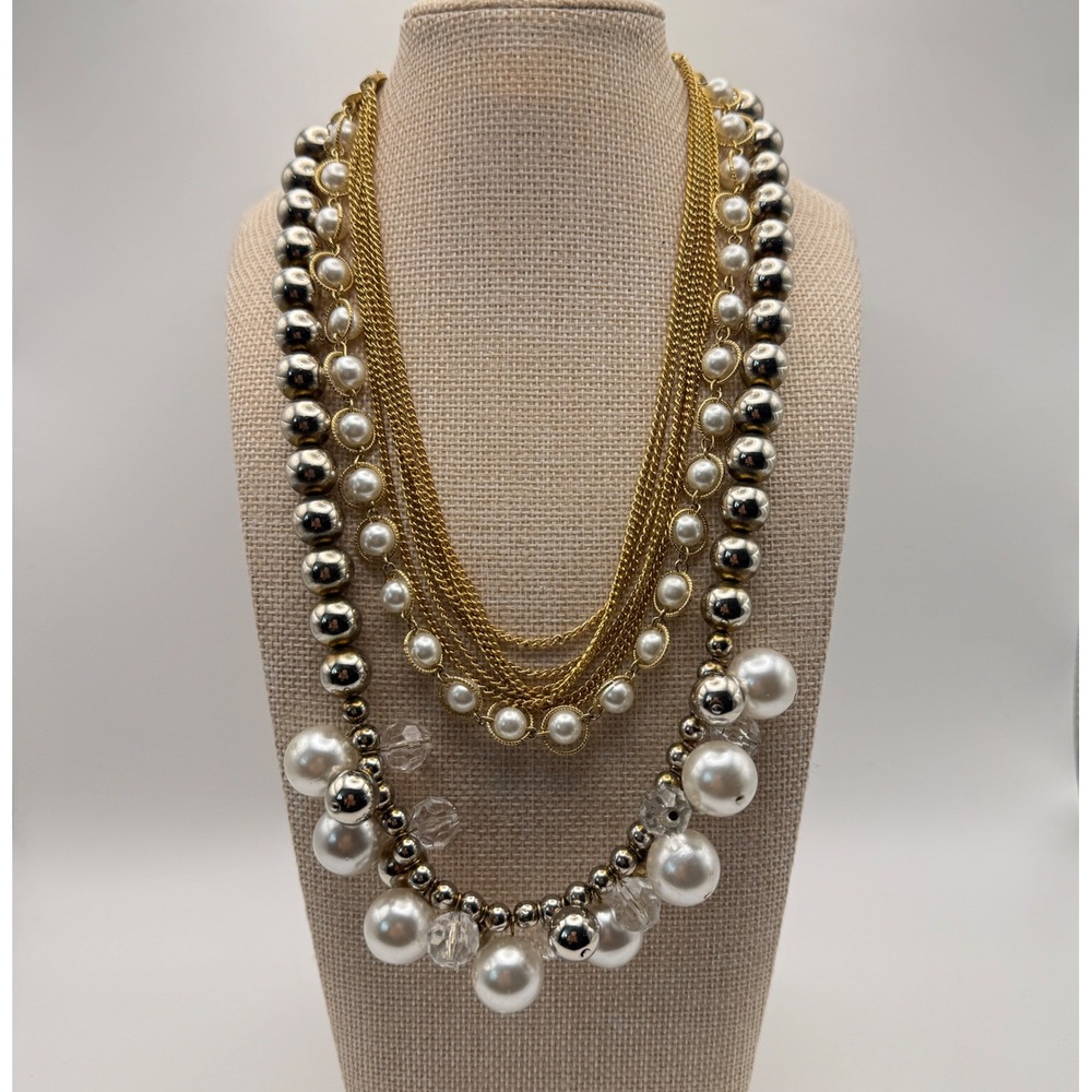 Faux Pearl MobWife Academia Chunky Multi Strand Statement Necklace Gold